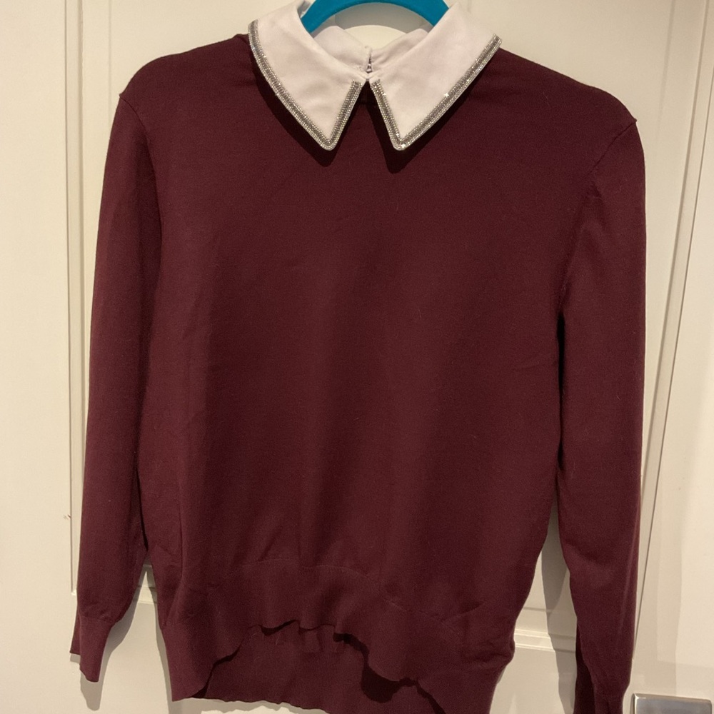 Ted Baker Men's Maroon Crewneck Sweater with White Contrast Collar